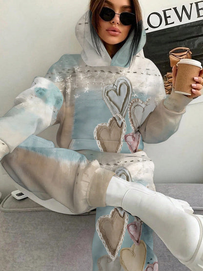 Women's Heart Print Vintage Embossed 2-Piece Hoodie