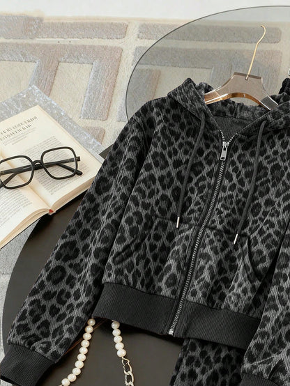 Women’s 2pcs Leopard Print Casual Hoodie and Jogger Set
