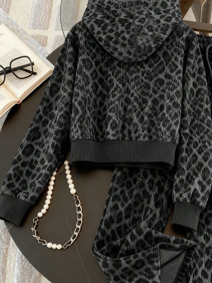 Women’s 2pcs Leopard Print Casual Hoodie and Jogger Set