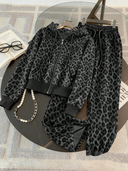 Women’s 2pcs Leopard Print Casual Hoodie and Jogger Set