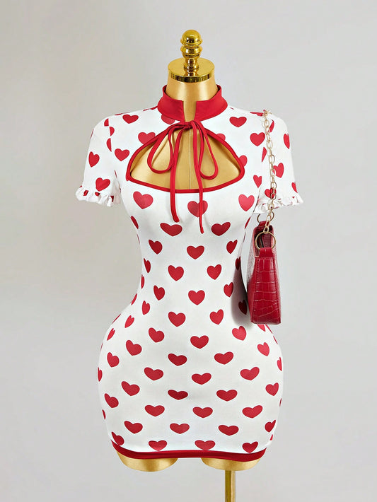 Valentine's Day Heart Print Tie Neck Bodycon Mini Dress