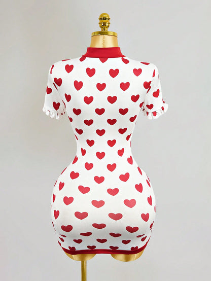 Valentine's Day Heart Print Tie Neck Bodycon Mini Dress