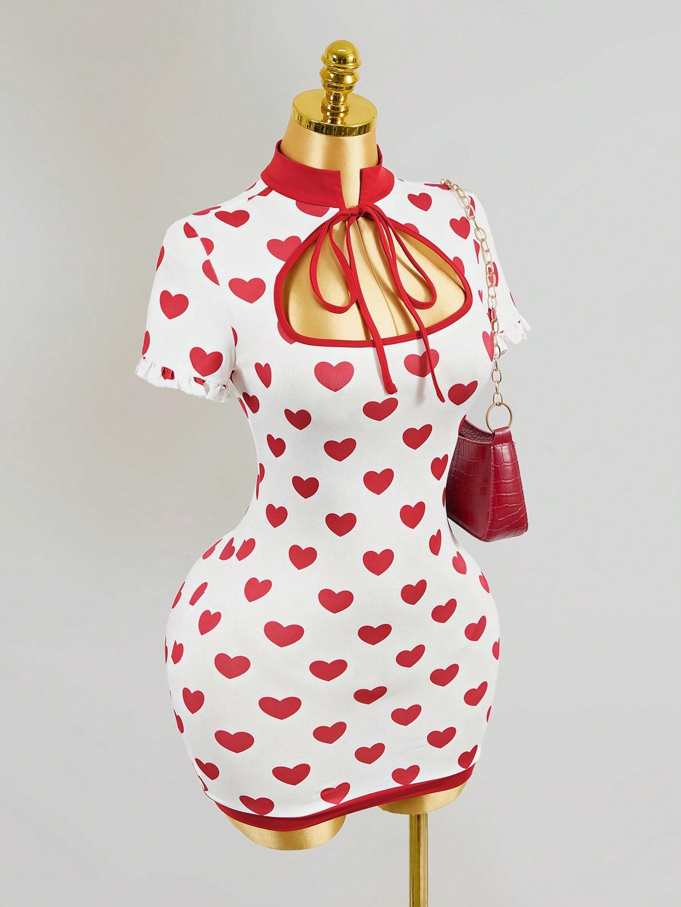 Valentine's Day Heart Print Tie Neck Bodycon Mini Dress
