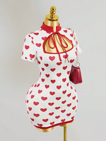 Valentine's Day Heart Print Tie Neck Bodycon Mini Dress