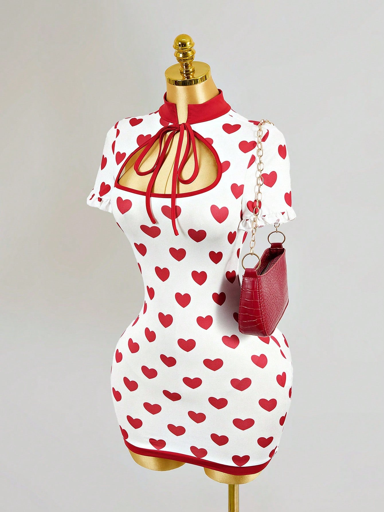 Valentine's Day Heart Print Tie Neck Bodycon Mini Dress