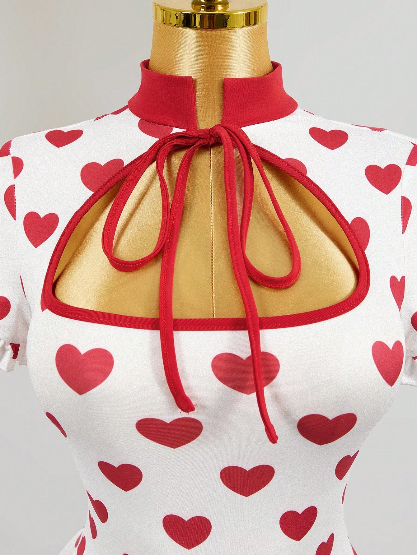 Valentine's Day Heart Print Tie Neck Bodycon Mini Dress