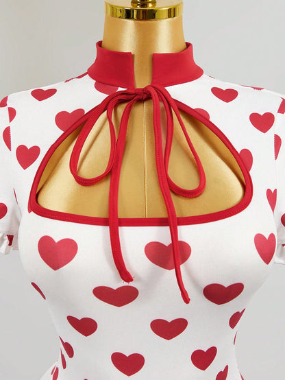 Valentine's Day Heart Print Tie Neck Bodycon Mini Dress