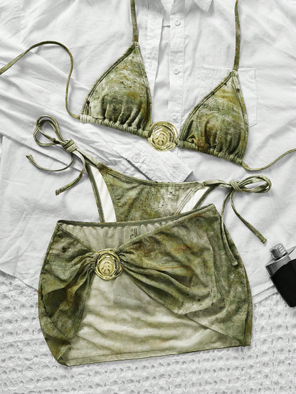 Retro Print 3-Piece Halter Bikini & Mesh Skirt Set