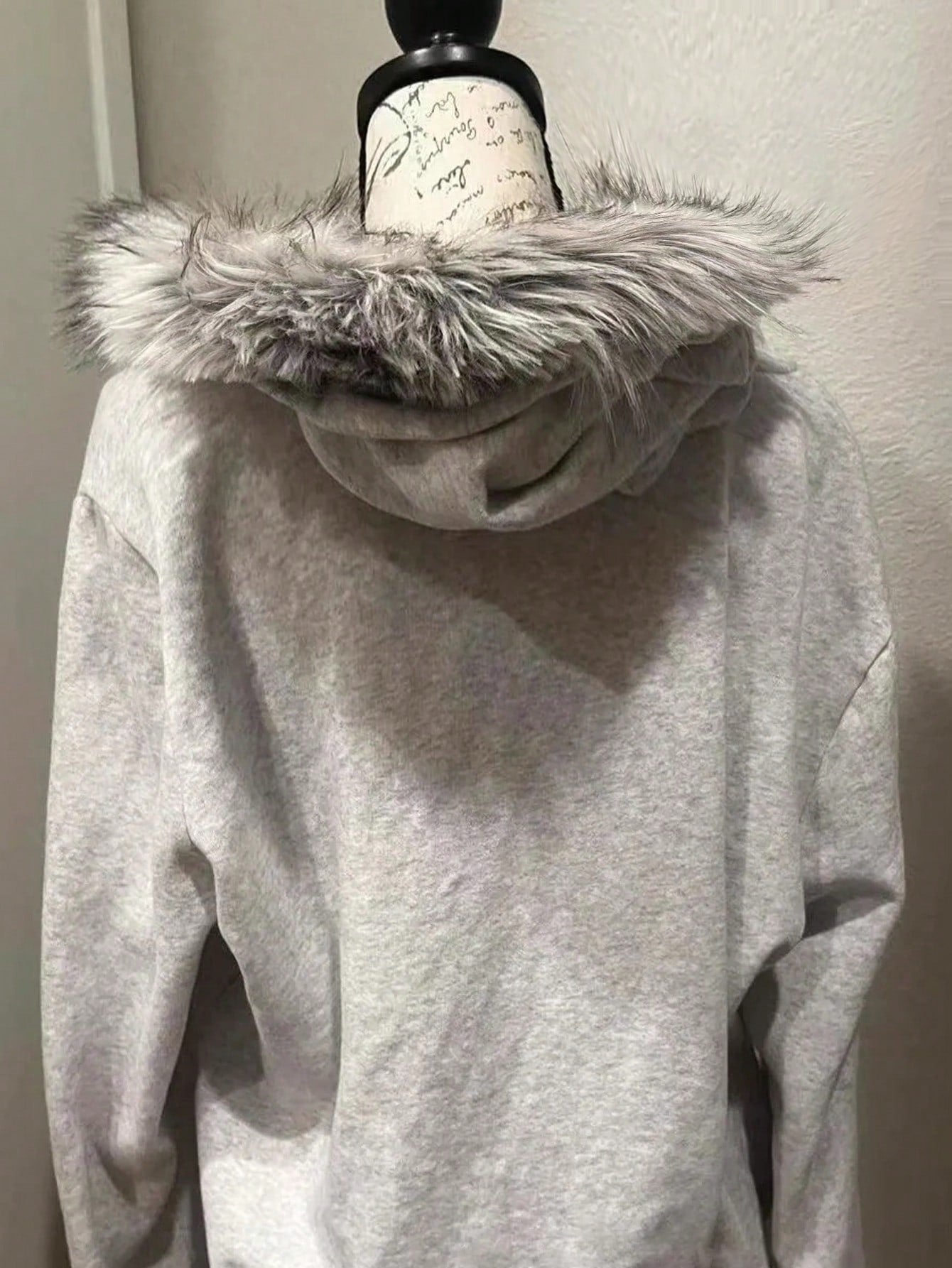 Plus Size Fluffy Grey Zip-Up Hooded Sweatshirt Jacket