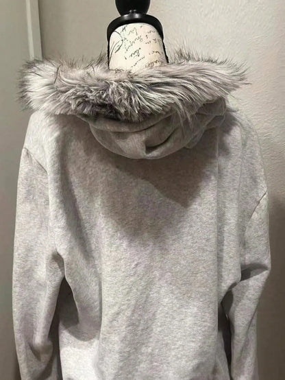 Plus Size Fluffy Grey Zip-Up Hooded Sweatshirt Jacket
