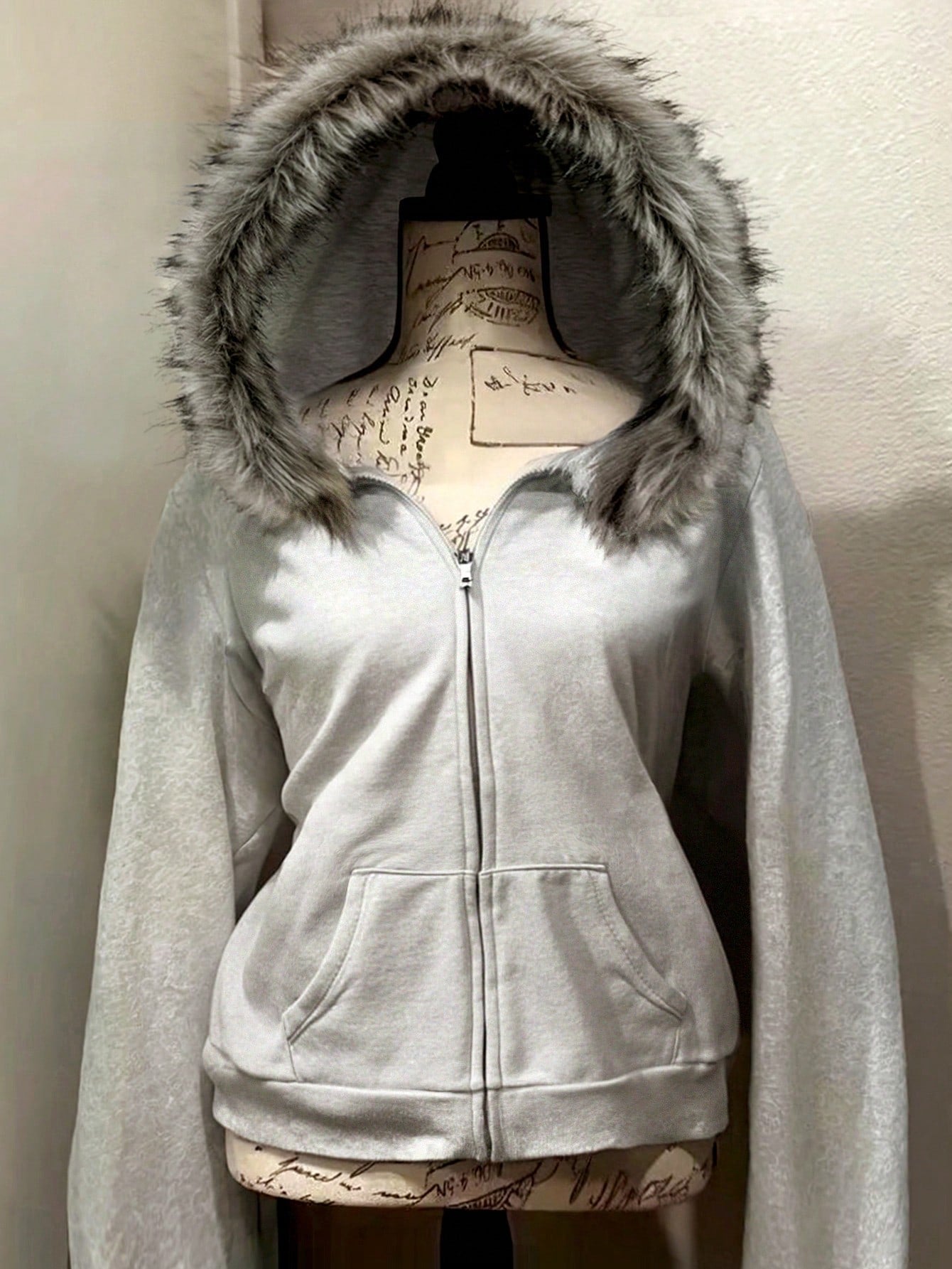 Plus Size Fluffy Grey Zip-Up Hooded Sweatshirt Jacket