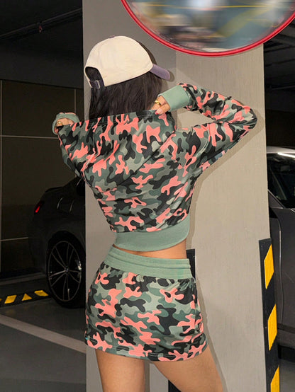 Women's Camo Cropped Hoodie and Mini Skirt 2-Piece Set
