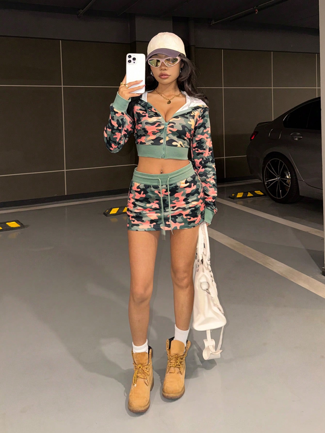 Women's Camo Cropped Hoodie and Mini Skirt 2-Piece Set