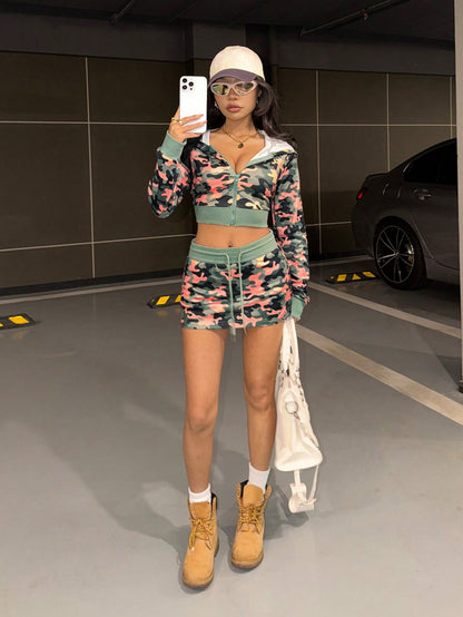 Women's Camo Cropped Hoodie and Mini Skirt 2-Piece Set