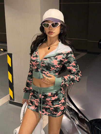 Women's Camo Cropped Hoodie and Mini Skirt 2-Piece Set