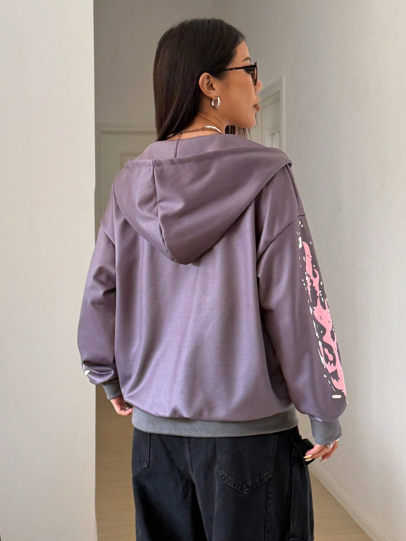 Grey Graffiti Print Oversized Punk Rock Zip-Up Hoodie