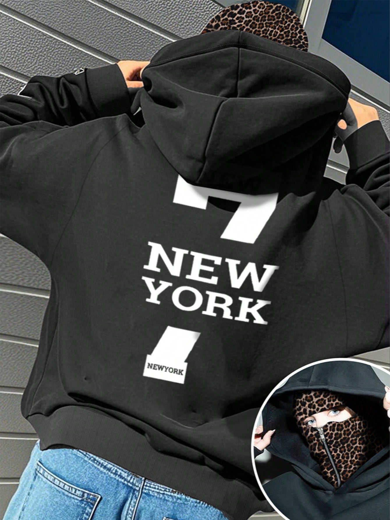 Women's New York 7 Leopard Print Double Hood Sweatshirt