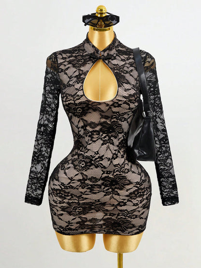 Women's Sexy Black Mandarin Collar Bodycon Mini Dress