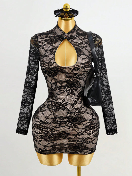 Women's Sexy Black Mandarin Collar Bodycon Mini Dress