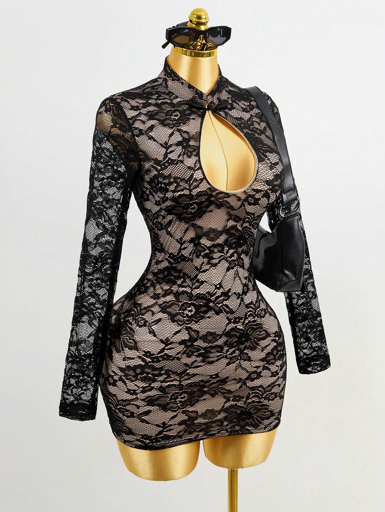 Women's Sexy Black Mandarin Collar Bodycon Mini Dress