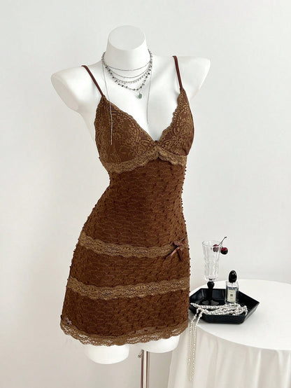 Brown Lace Backless Mini Cami Dress