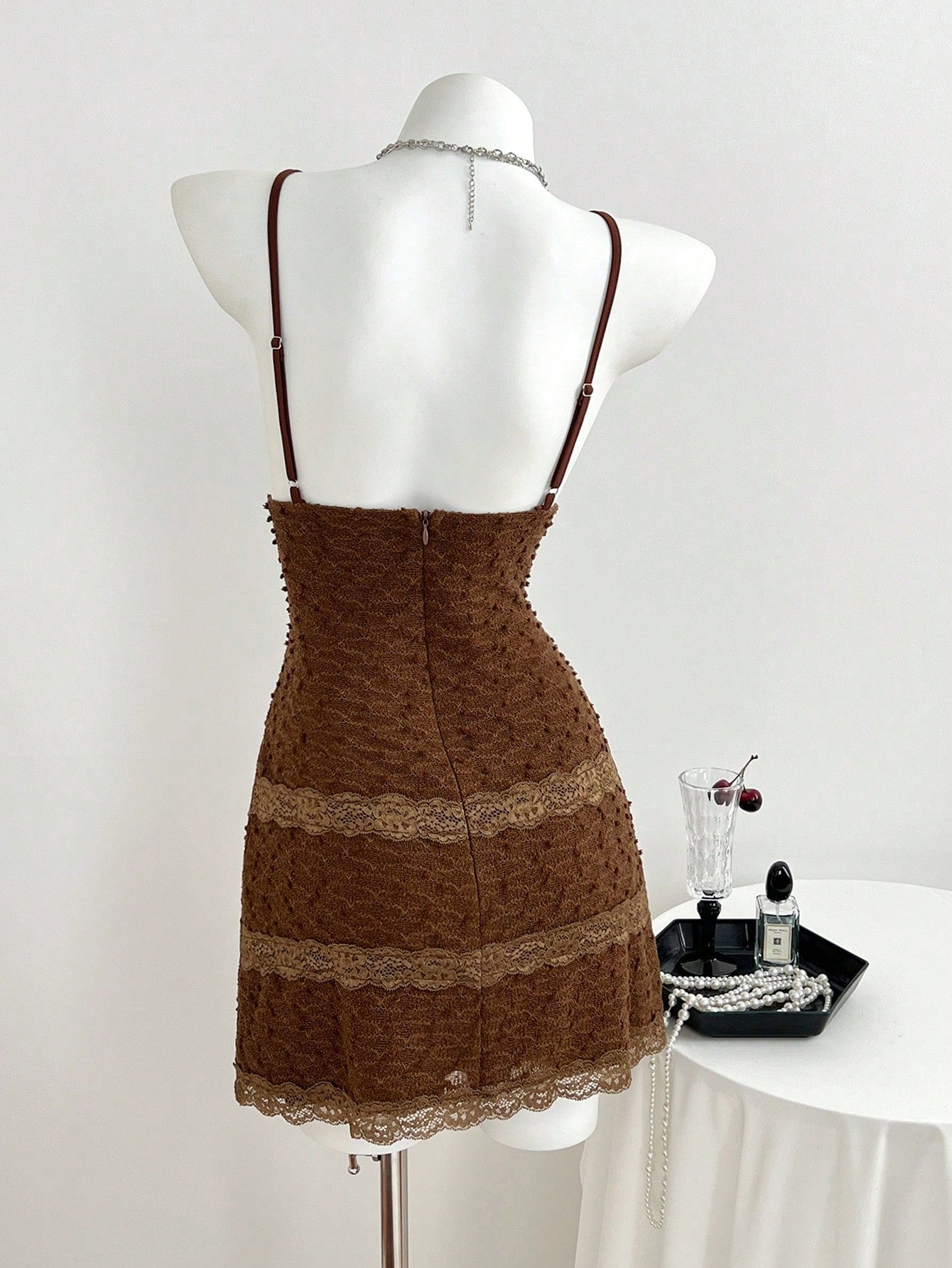 Brown Lace Backless Mini Cami Dress