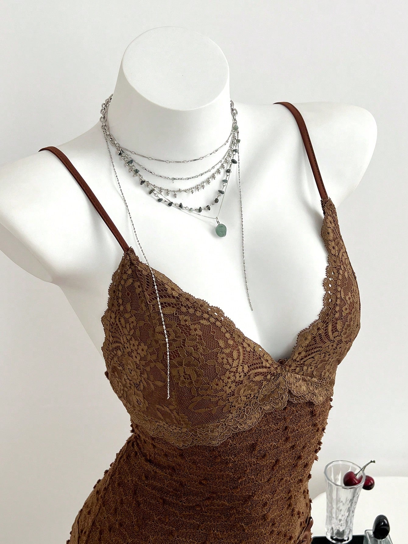 Brown Lace Backless Mini Cami Dress