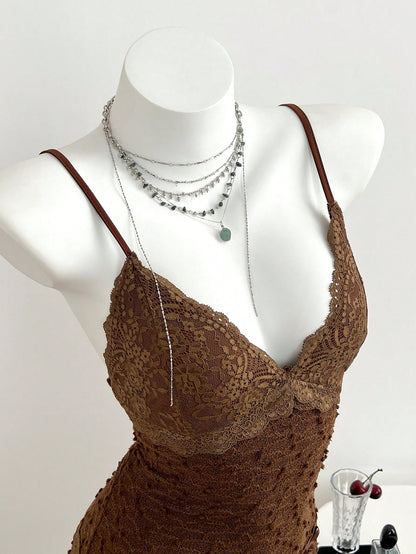 Brown Lace Backless Mini Cami Dress