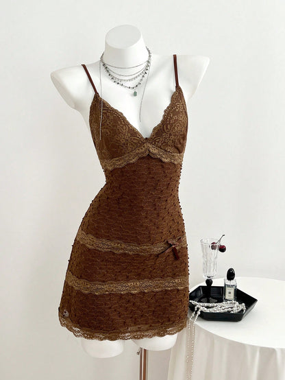 Brown Lace Backless Mini Cami Dress
