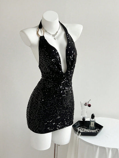 Black Sequin Halter Bodycon Mini Dress