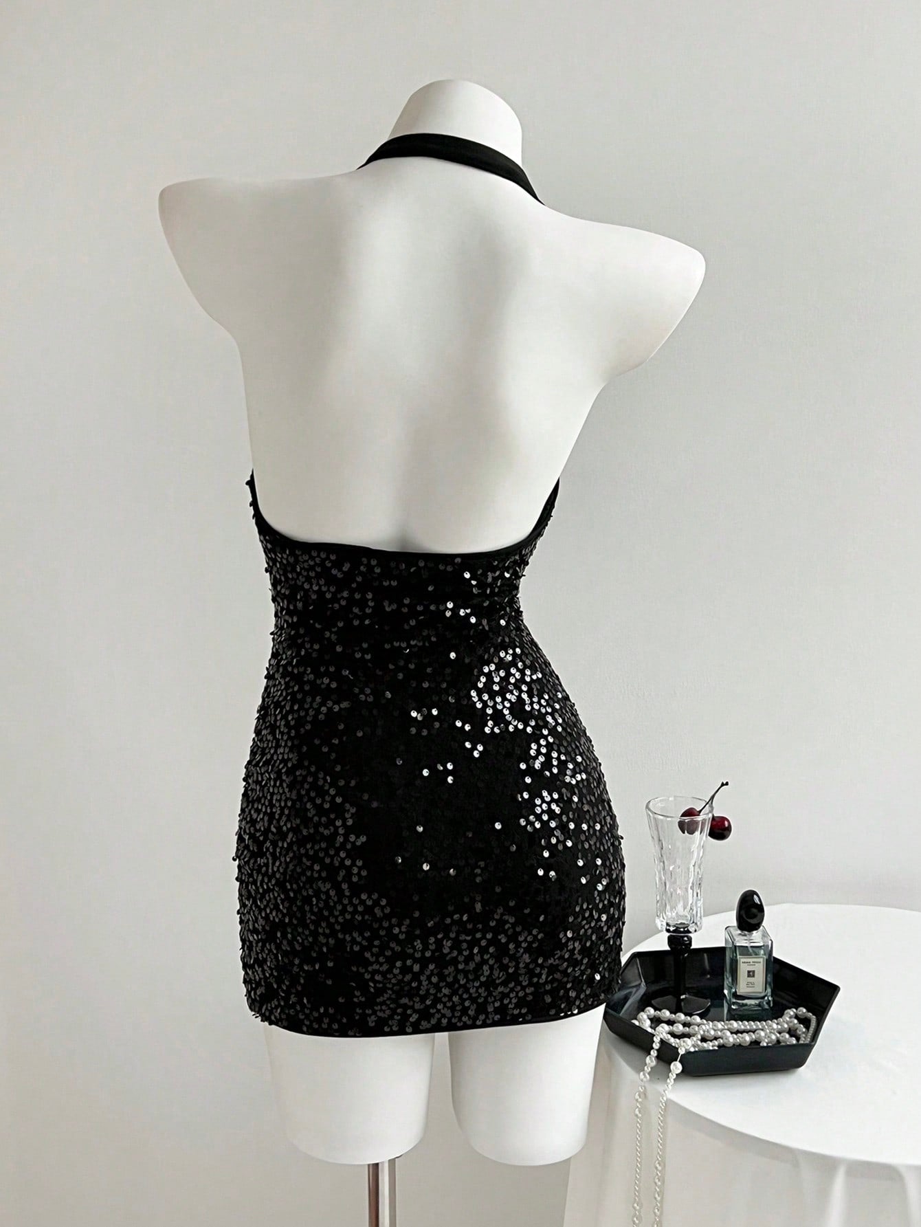 Black Sequin Halter Bodycon Mini Dress