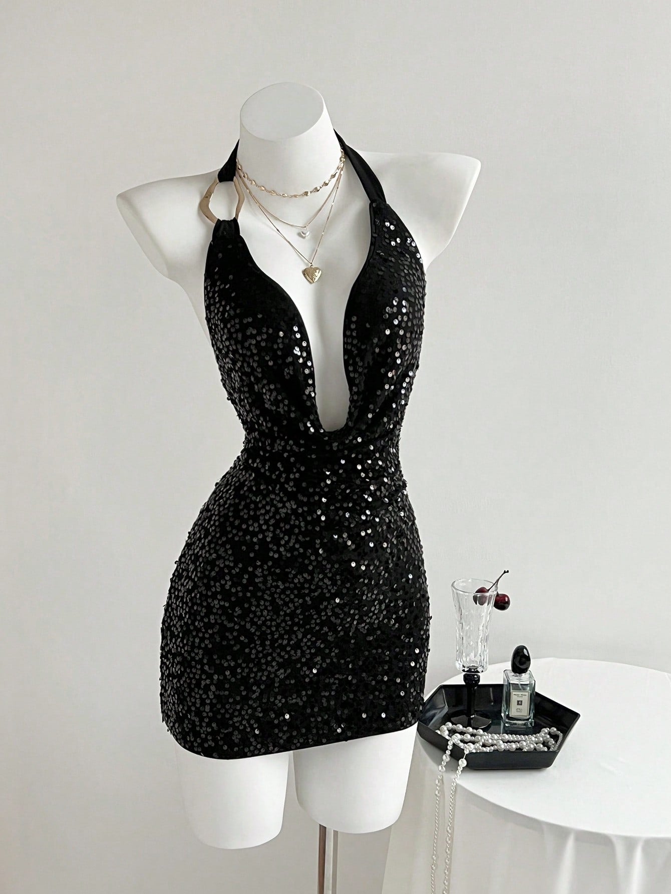 Black Sequin Halter Bodycon Mini Dress