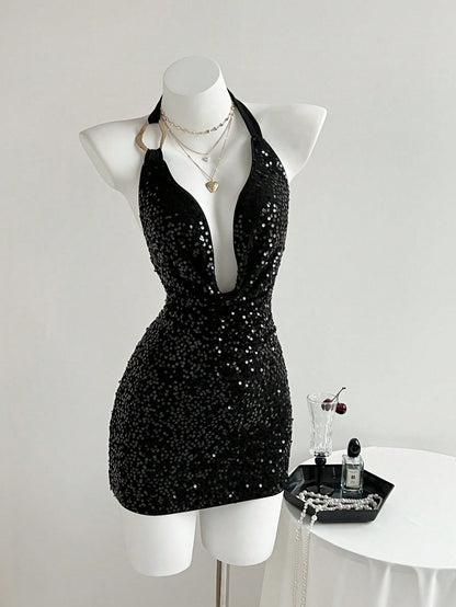 Black Sequin Halter Bodycon Mini Dress