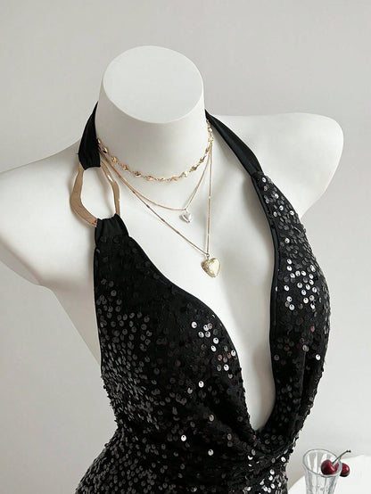 Black Sequin Halter Bodycon Mini Dress