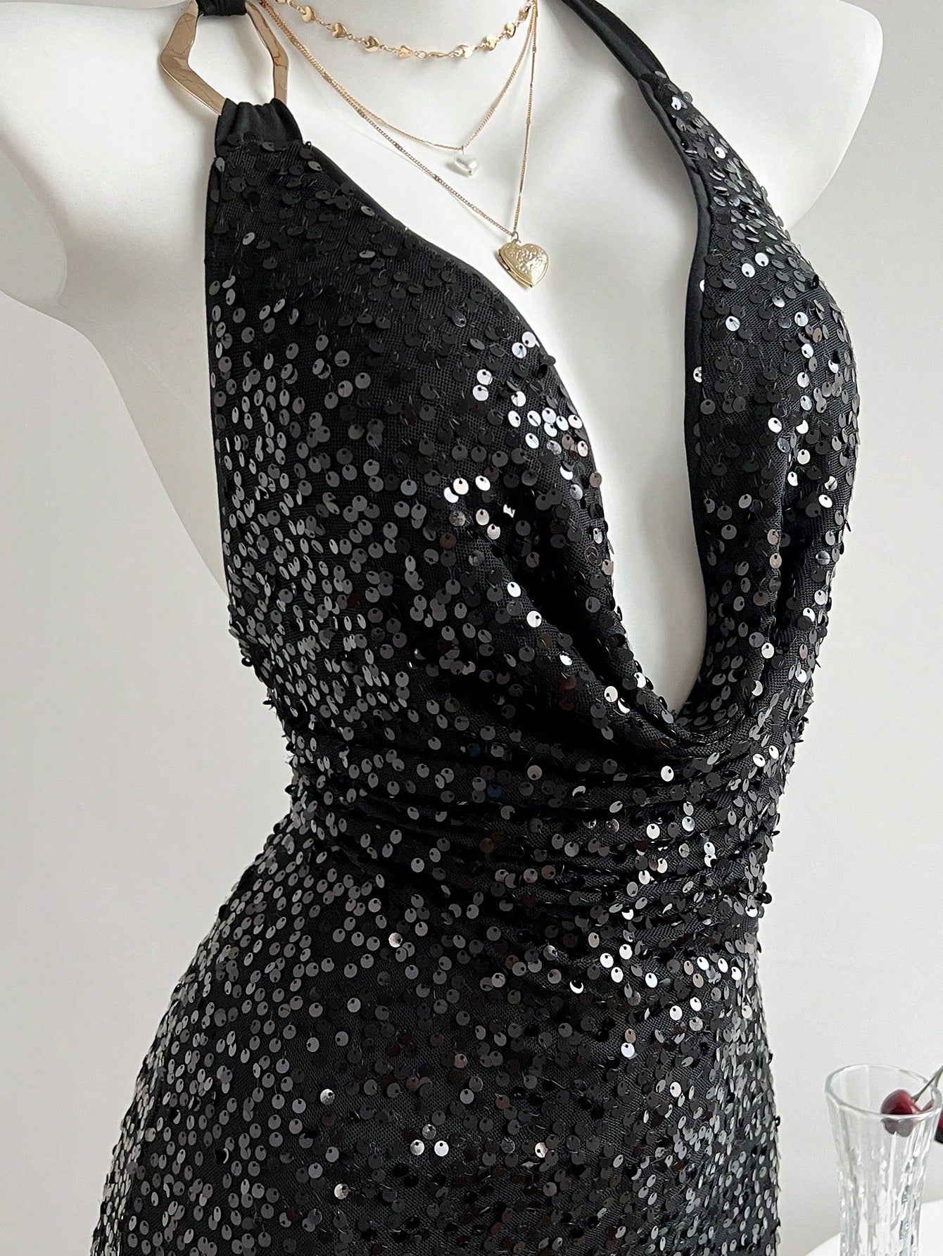Black Sequin Halter Bodycon Mini Dress