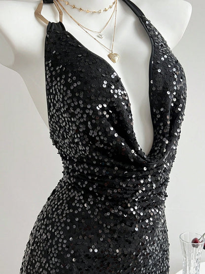 Black Sequin Halter Bodycon Mini Dress