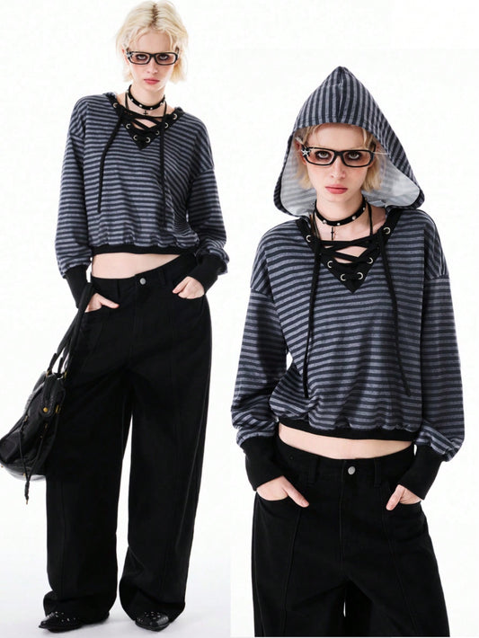 Women's Knitted V-Neck Striped Long Sleeve Sweatshirt Hoodie