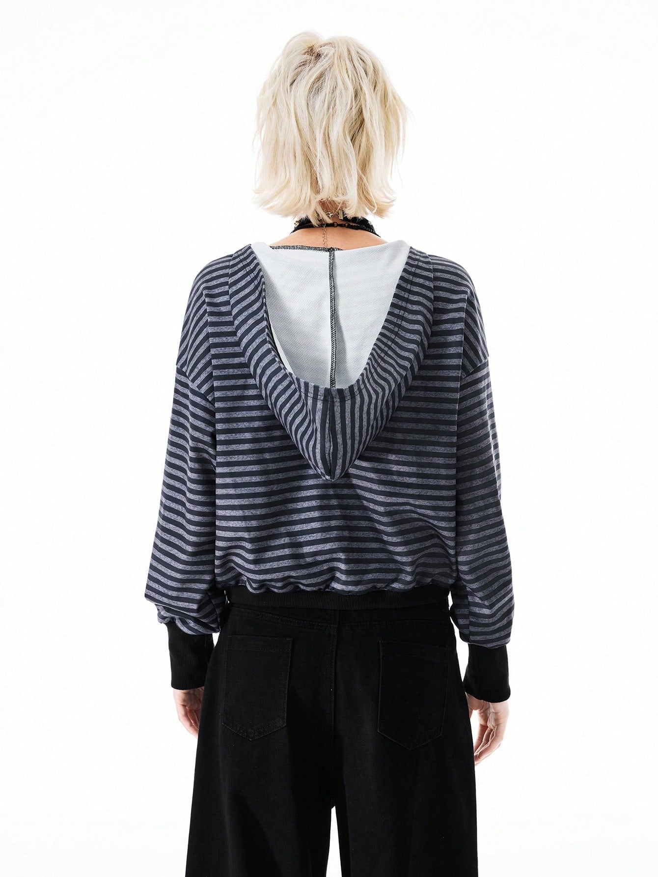 Women's Knitted V-Neck Striped Long Sleeve Sweatshirt Hoodie