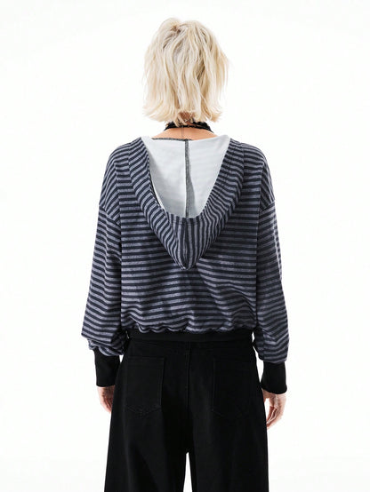 Women's Knitted V-Neck Striped Long Sleeve Sweatshirt Hoodie