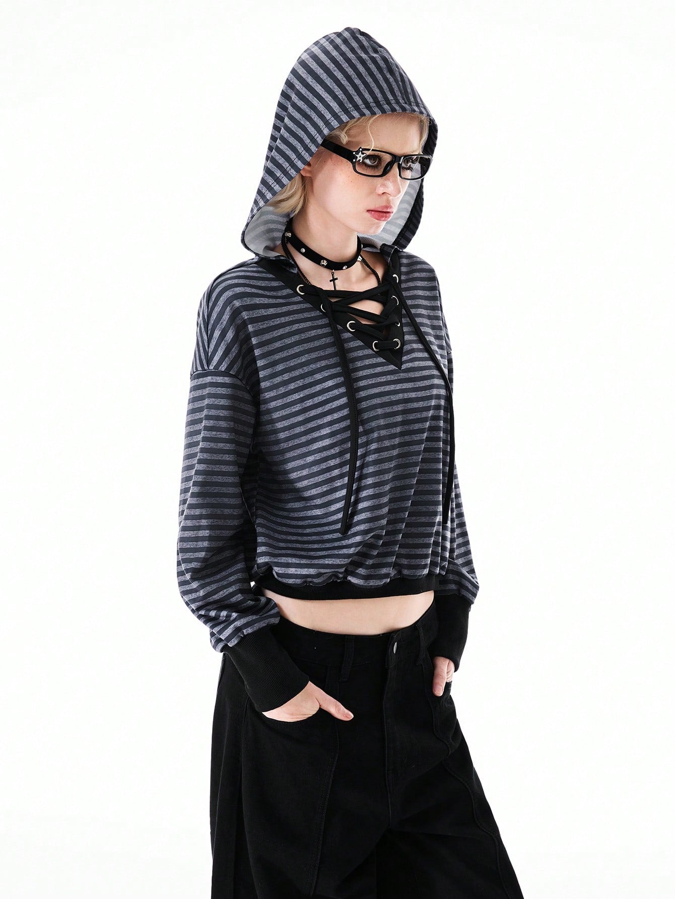 Women's Knitted V-Neck Striped Long Sleeve Sweatshirt Hoodie