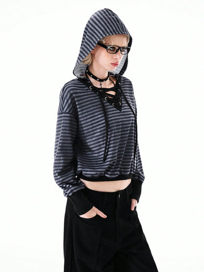 Women's Knitted V-Neck Striped Long Sleeve Sweatshirt Hoodie