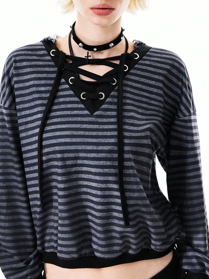 Women's Knitted V-Neck Striped Long Sleeve Sweatshirt Hoodie