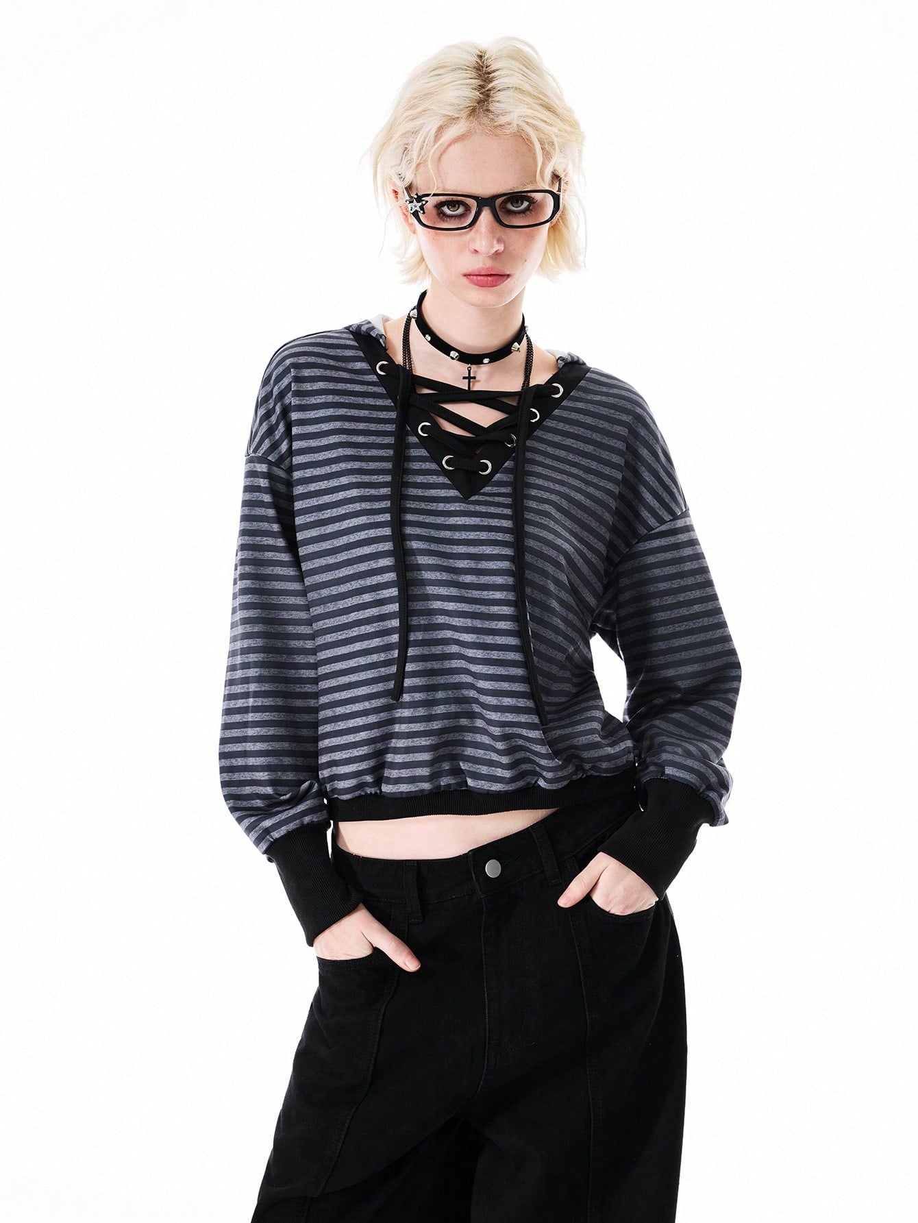 Women's Knitted V-Neck Striped Long Sleeve Sweatshirt Hoodie