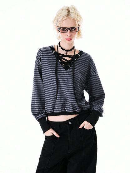 Women's Knitted V-Neck Striped Long Sleeve Sweatshirt Hoodie