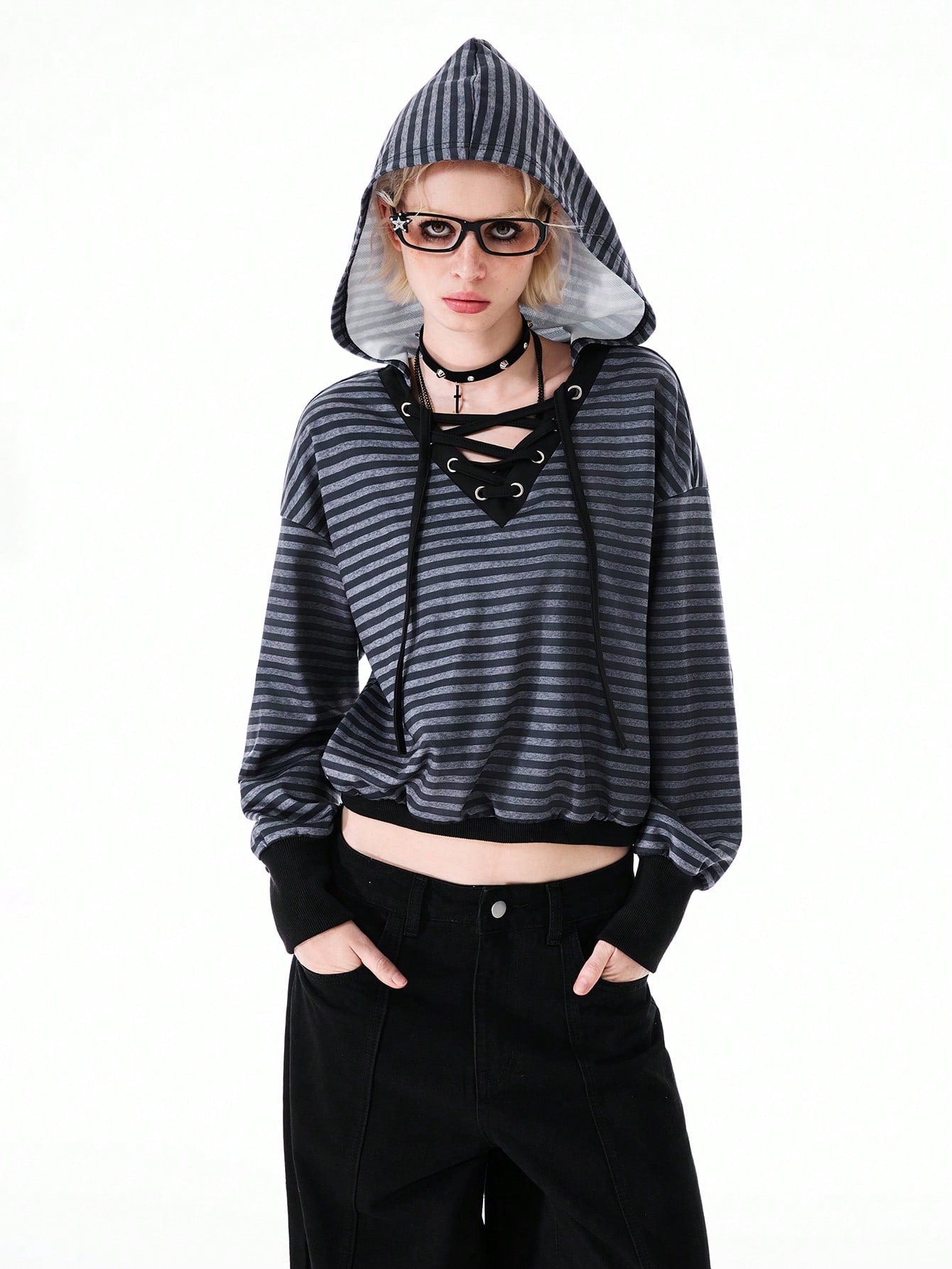 Women's Knitted V-Neck Striped Long Sleeve Sweatshirt Hoodie