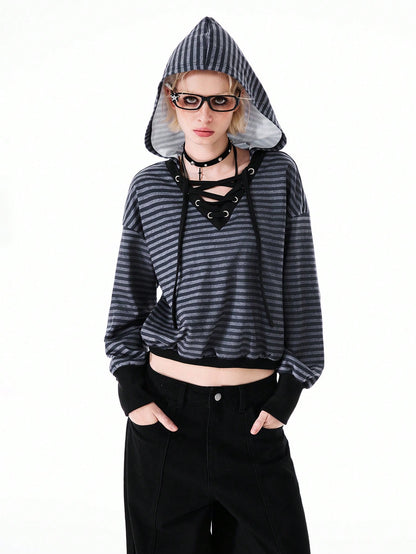 Women's Knitted V-Neck Striped Long Sleeve Sweatshirt Hoodie