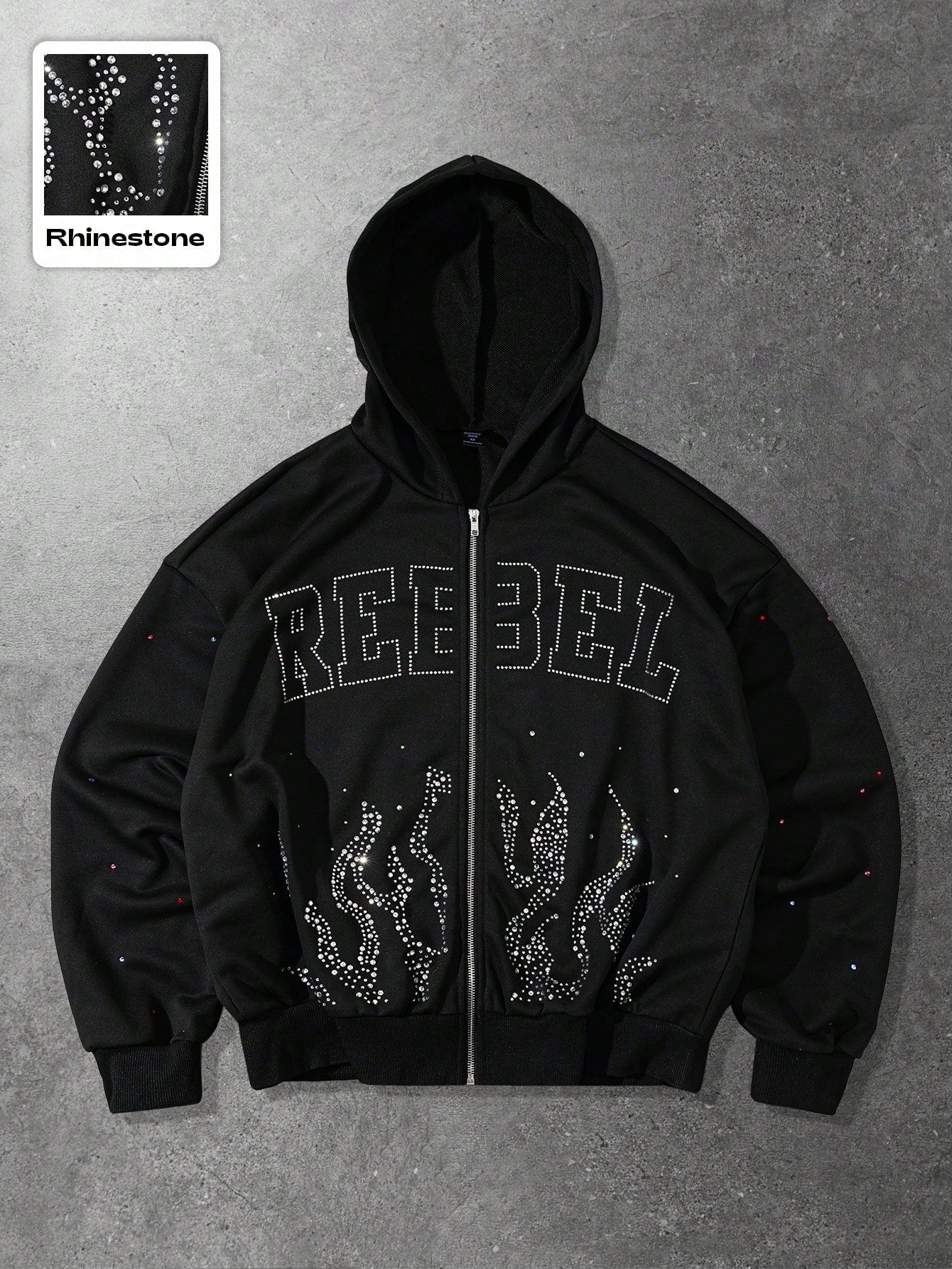 Men's Rhinestone Letter Flame Pattern Zip Up Hoodie