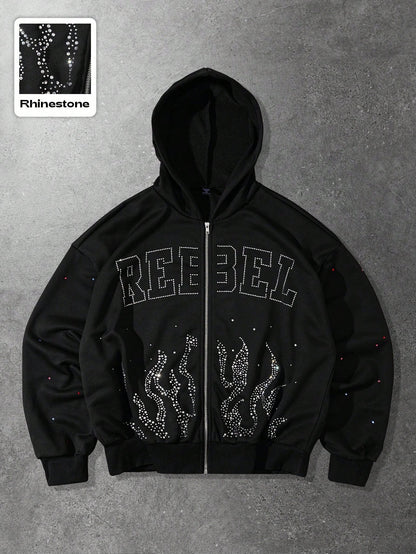 Men's Rhinestone Letter Flame Pattern Zip Up Hoodie