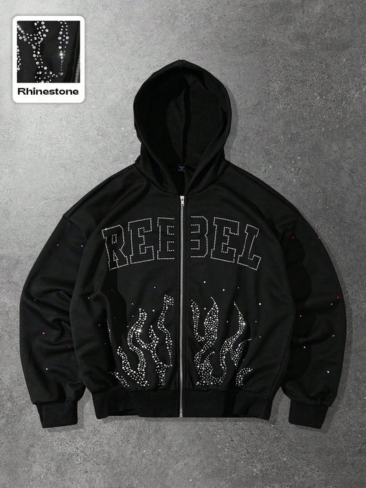 Men's Rhinestone Letter Flame Pattern Zip Up Hoodie