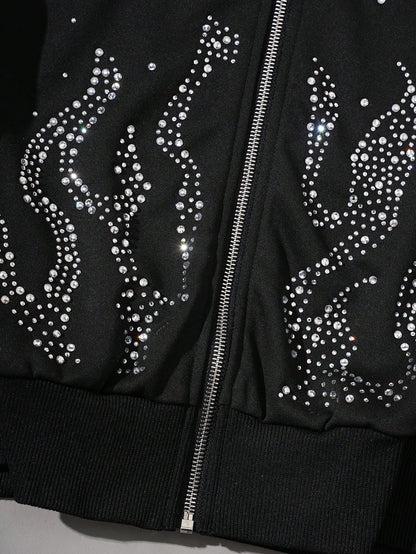 Men's Rhinestone Letter Flame Pattern Zip Up Hoodie